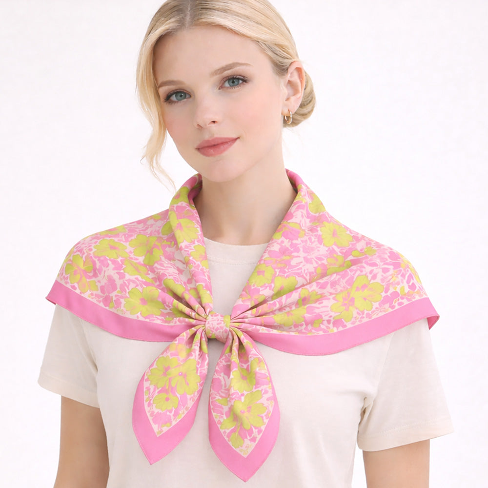 Madeline Love Pink&Green Floral Print Square Bandana Scarf - Scarves & Wraps