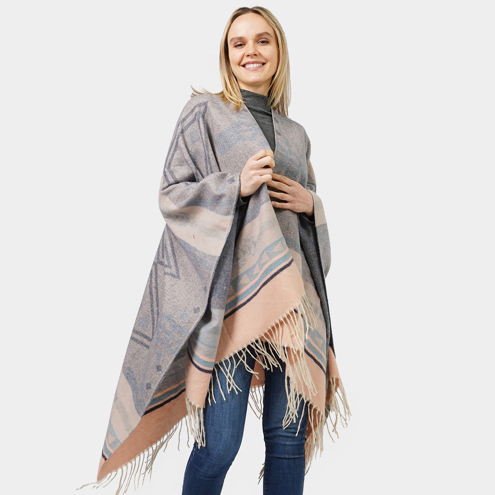 Navy Aztec Patterned Cape Poncho