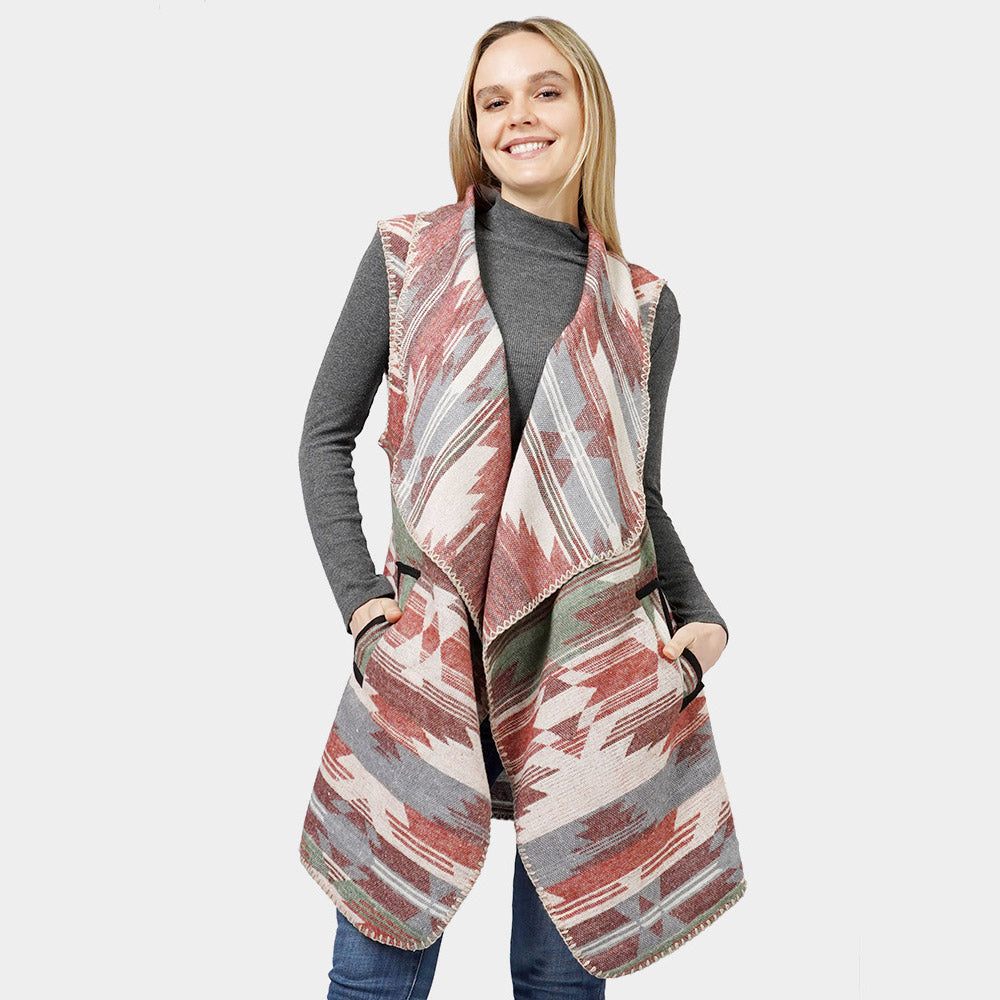 Burgundy Aztec Patterned Front Pocket Collar Vest