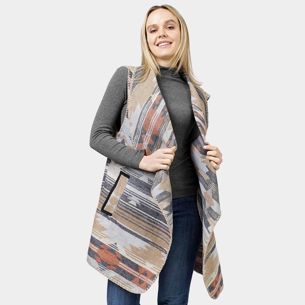 Navy Aztec Patterned Front Pocket Collar Vest