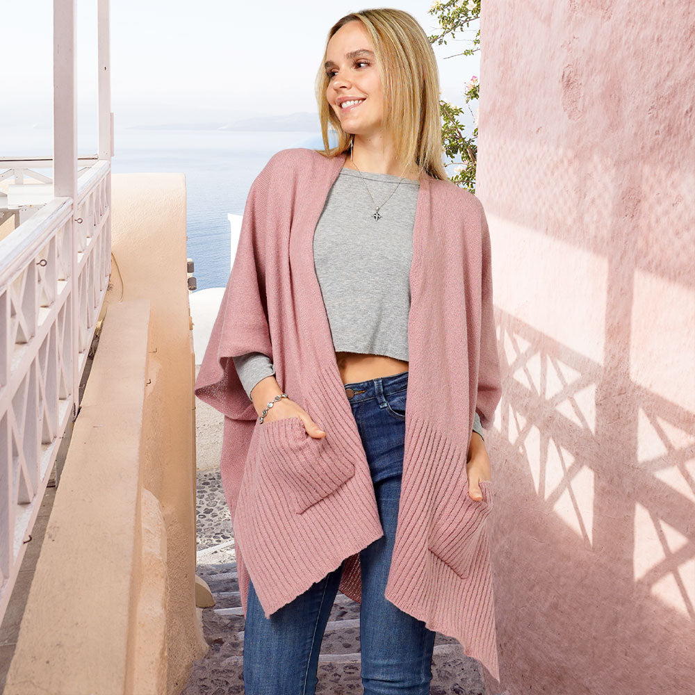 Dust Pink Solid Knit Front Pockets Vest Poncho
