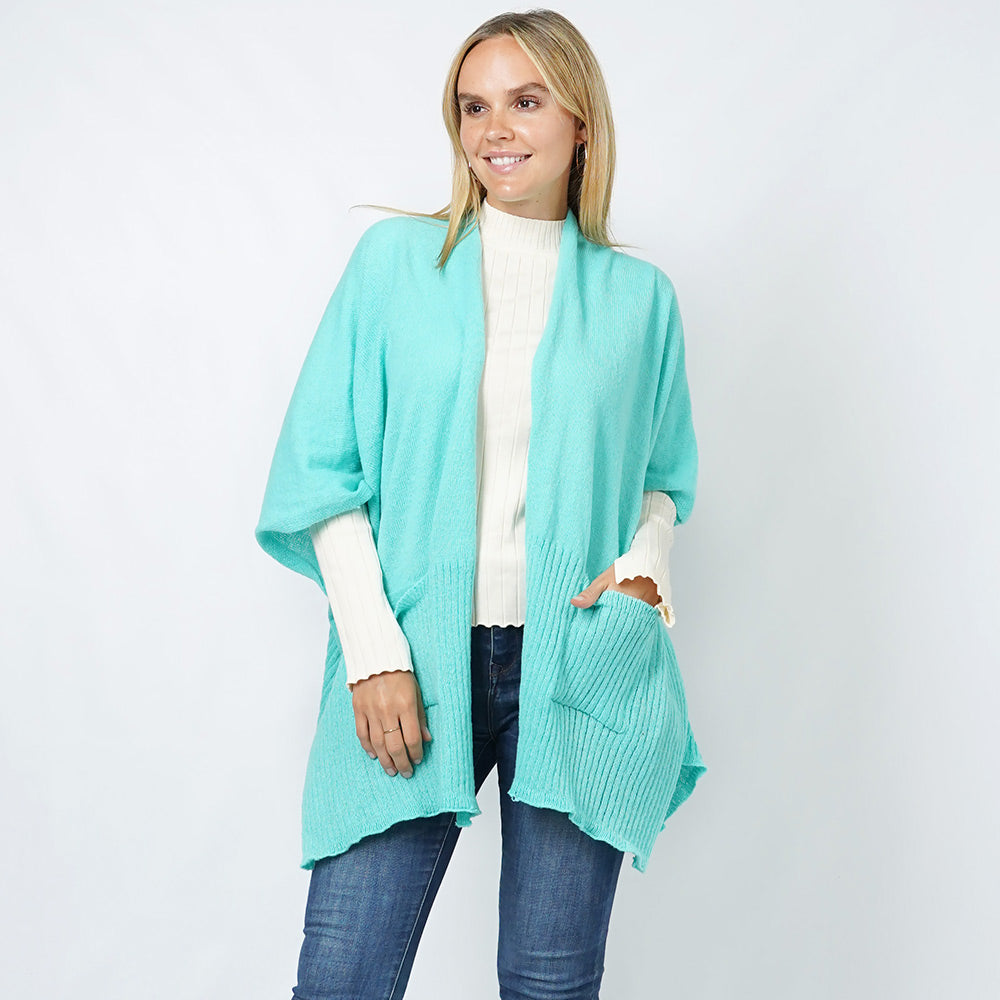 Mint Solid Knit Front Pockets Vest Poncho