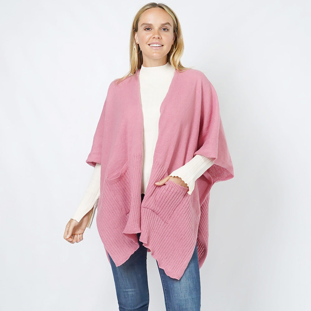 Pink Solid Knit Front Pockets Vest Poncho