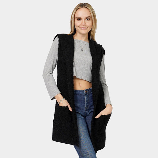 Black Cozy Knit Hooded Vest