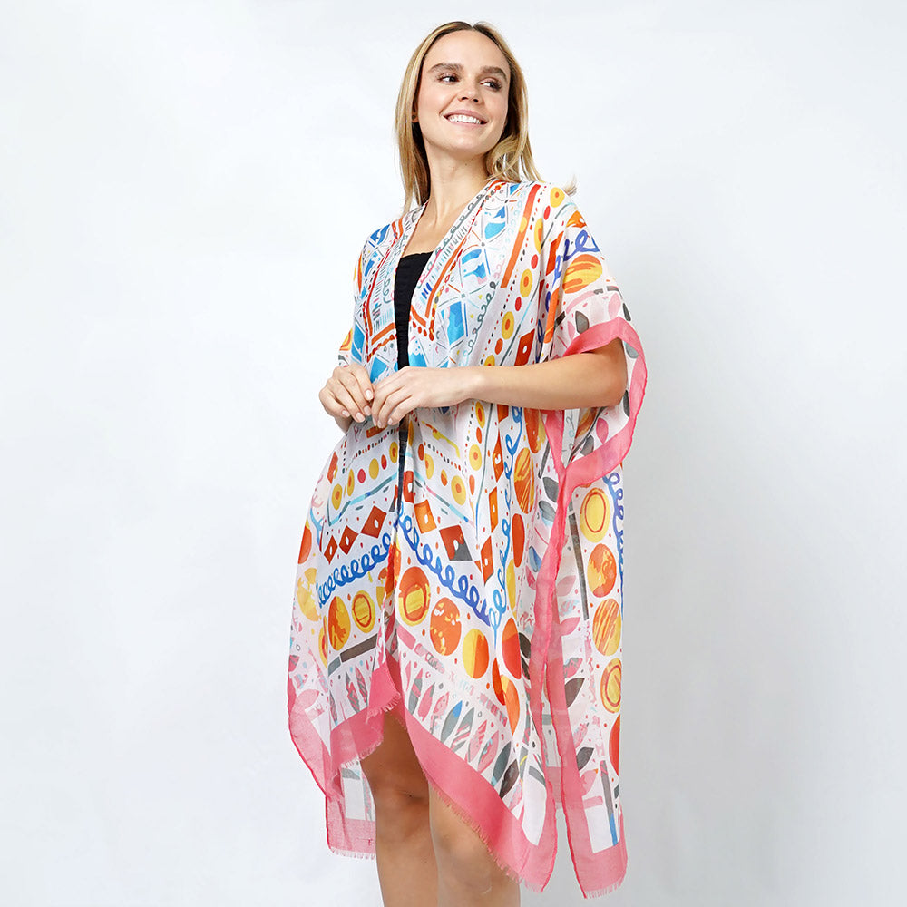 Madeline Love Coral Abstract Print Kimono Poncho - Jewelry
