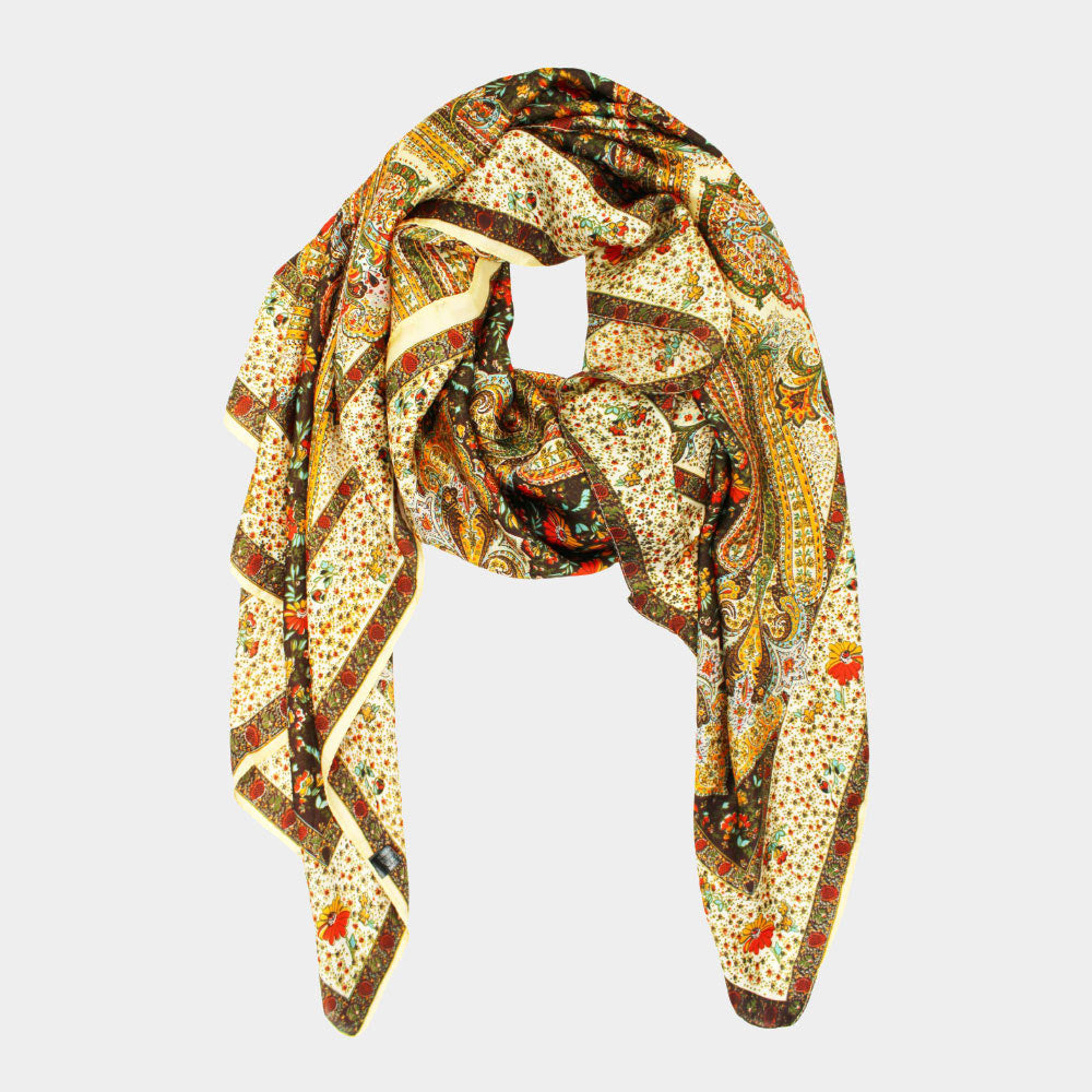 Madeline Love Beige Abstract Paisley Pattern Printed Oblong Silky Satin Scarf Shawl - Scarves & Wraps