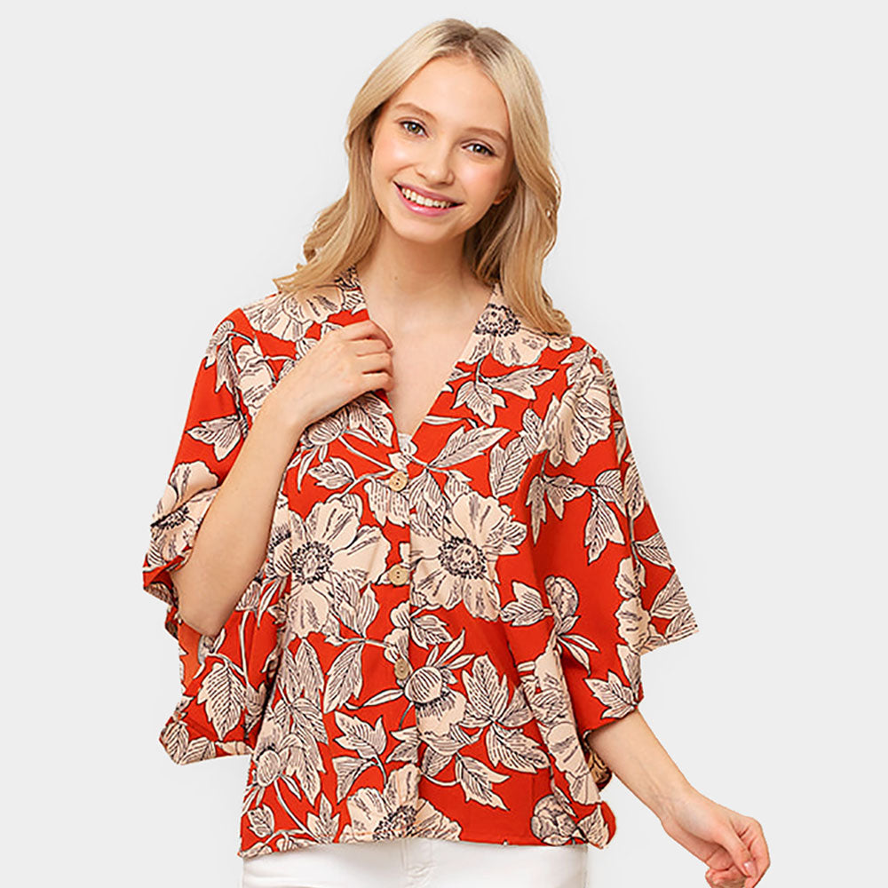 Madeline Love Red Floral Print Button Down Kimono Poncho - Jewelry