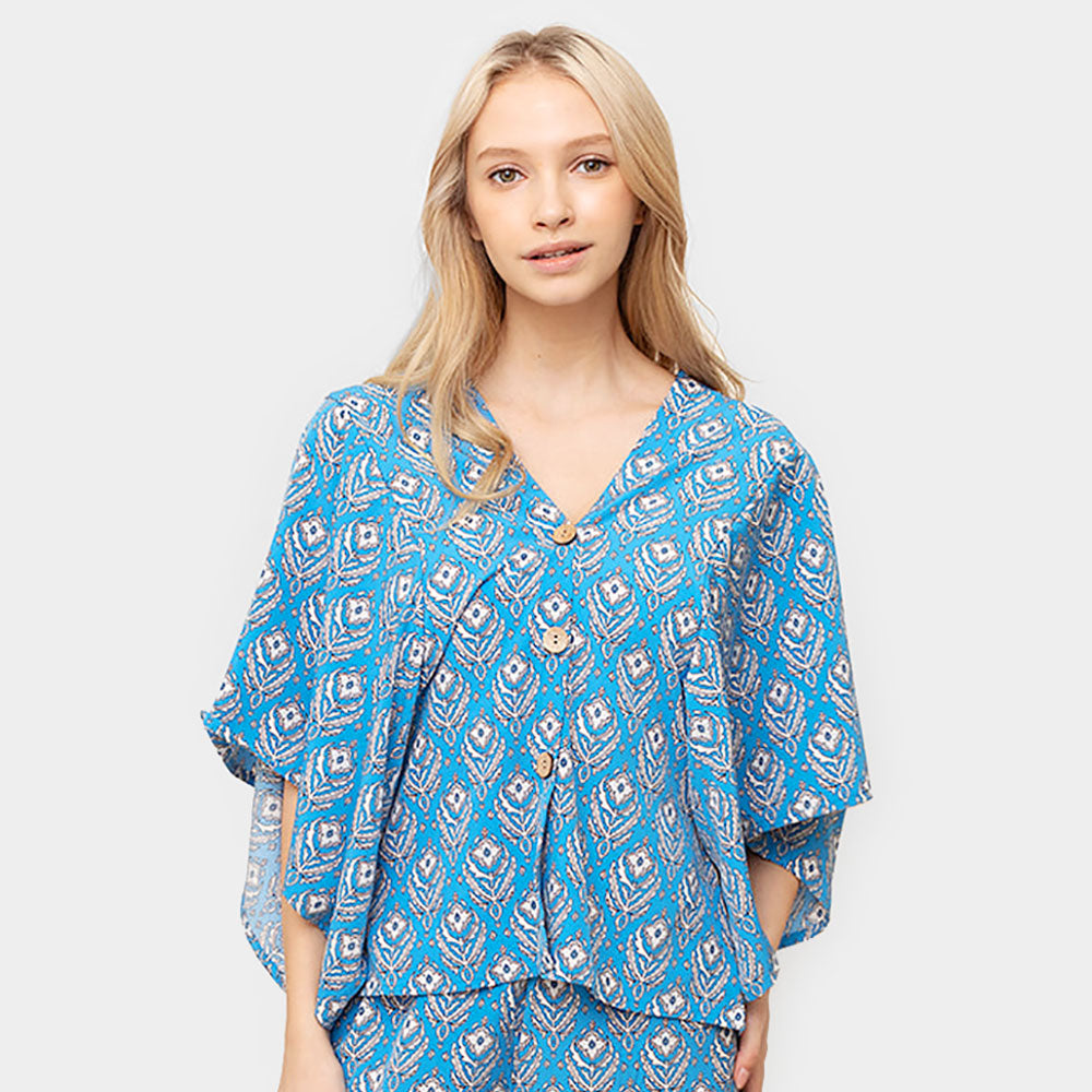 Madeline Love Blue Floral Print Button Down Kimono Poncho - Jewelry