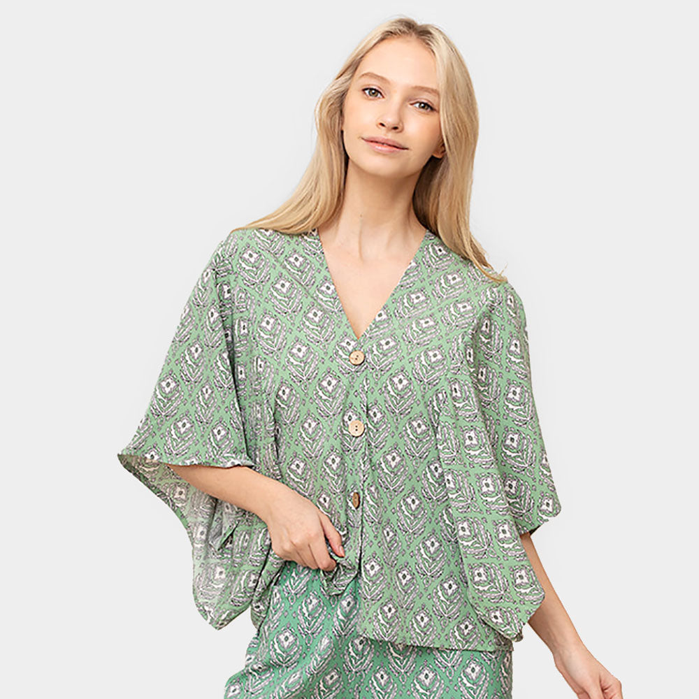 Madeline Love Green Floral Print Button Down Kimono Poncho - Jewelry