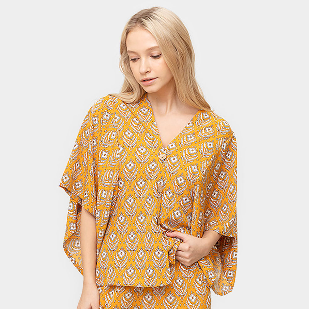 Madeline Love Yellow Floral Print Button Down Kimono Poncho - Jewelry