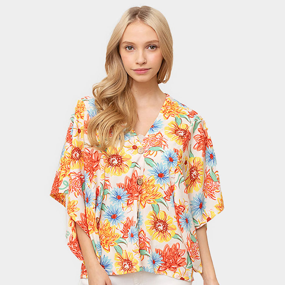 Madeline Love Ivory Floral Print Button Down Kimono Poncho - Jewelry