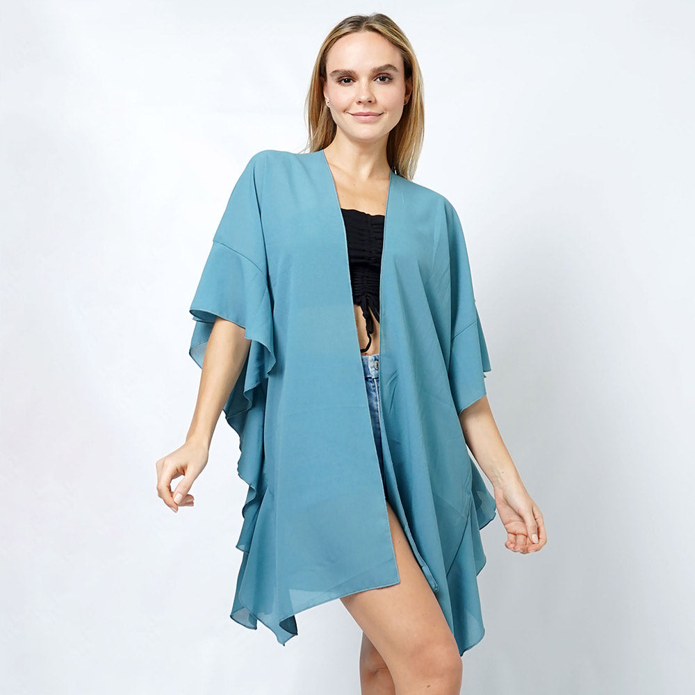 Madeline Love Teal Chiffon Ruffle Kimono Poncho - Jewelry