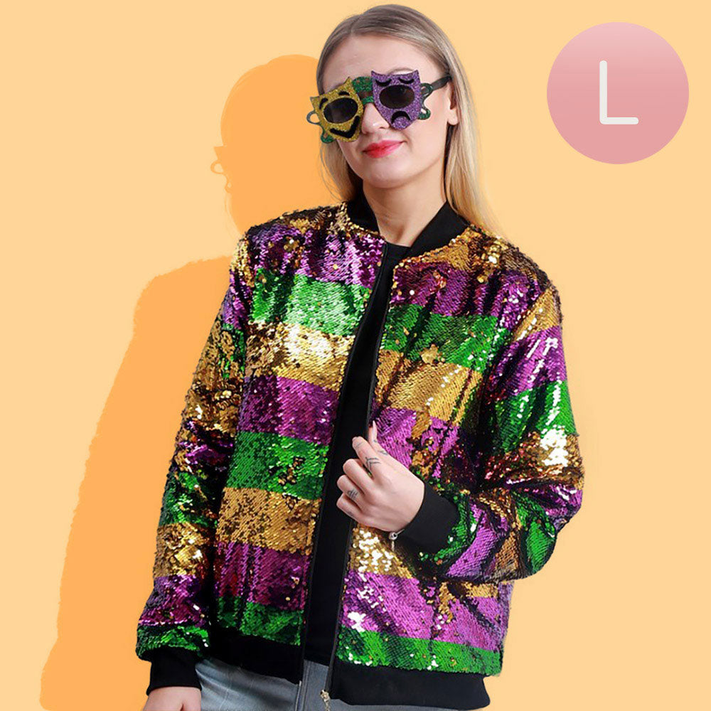 Multi Mardi Gras Sequin Striped Zipper Jacket, Get ready to party in style with this contemporary Mardi Gras jacket. Made with high-quality sequins and a convenient zipper closure, this jacket will make you stand out at any Mardi Gras celebration. Experience the fun and glamour of the carnival season with this must-have item.