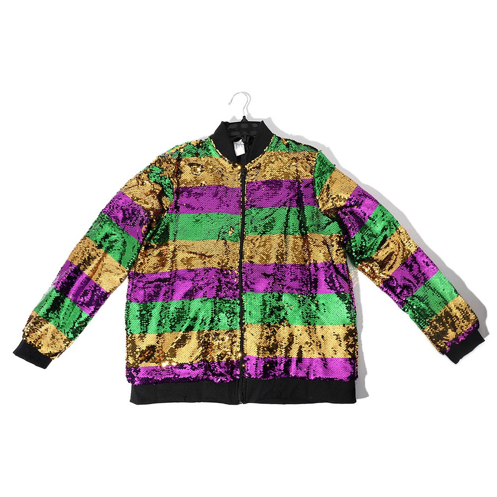 Multi Mardi Gras Sequin Striped Zipper Jacket, Get ready to party in style with this contemporary Mardi Gras jacket. Made with high-quality sequins and a convenient zipper closure, this jacket will make you stand out at any Mardi Gras celebration. Experience the fun and glamour of the carnival season with this must-have item.