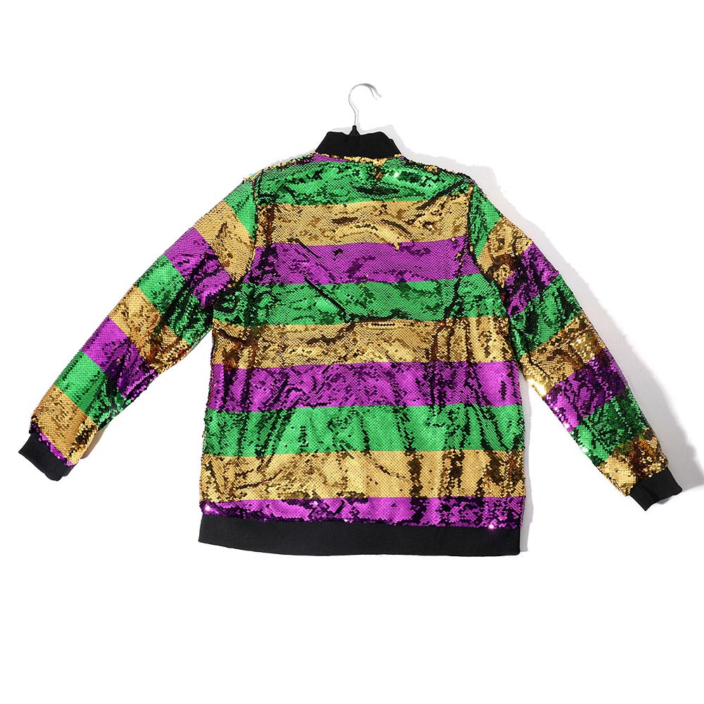 Multi Mardi Gras Sequin Striped Zipper Jacket, Get ready to party in style with this contemporary Mardi Gras jacket. Made with high-quality sequins and a convenient zipper closure, this jacket will make you stand out at any Mardi Gras celebration. Experience the fun and glamour of the carnival season with this must-have item.