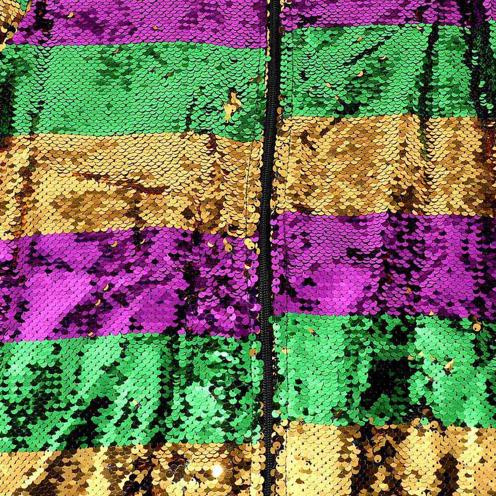 Multi Mardi Gras Sequin Striped Zipper Jacket, Get ready to party in style with this contemporary Mardi Gras jacket. Made with high-quality sequins and a convenient zipper closure, this jacket will make you stand out at any Mardi Gras celebration. Experience the fun and glamour of the carnival season with this must-have item.