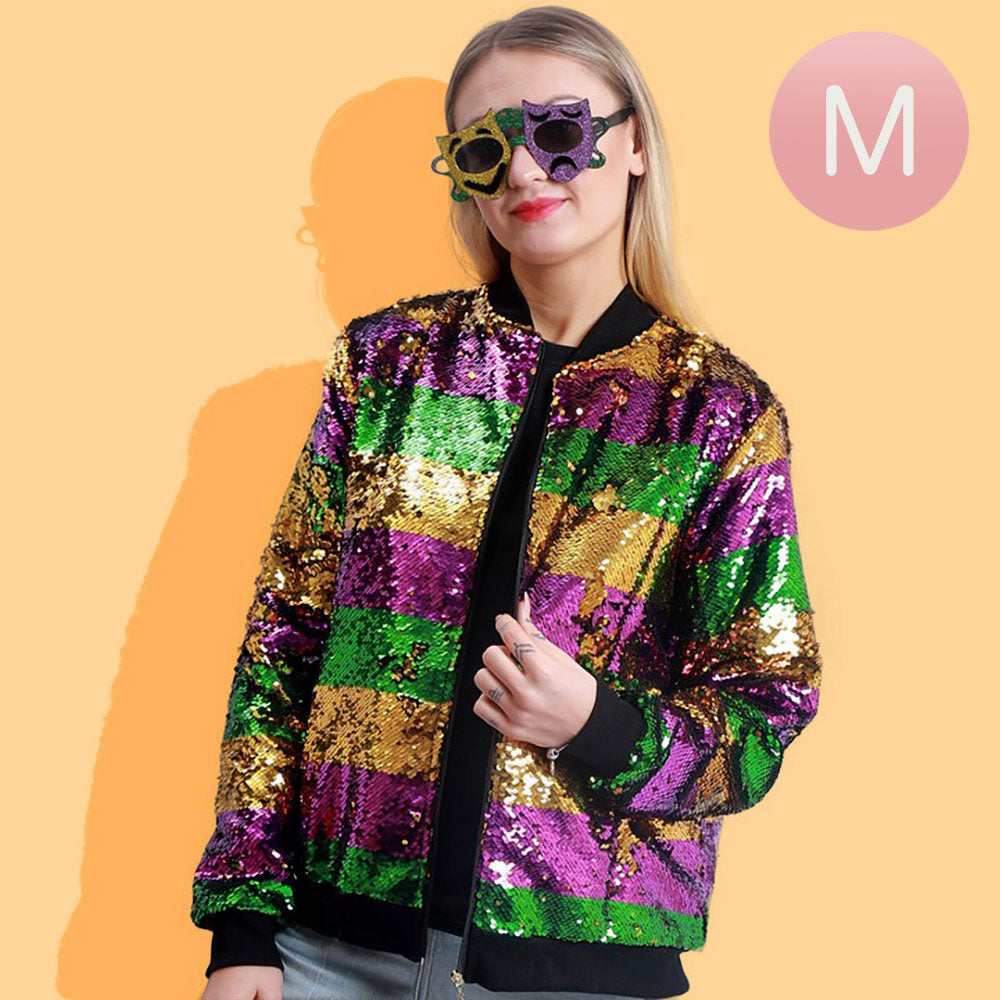 Multi Mardi Gras Sequin Striped Zipper Jacket, Get ready to party in style with this contemporary Mardi Gras jacket. Made with high-quality sequins and a convenient zipper closure, this jacket will make you stand out at any Mardi Gras celebration. Experience the fun and glamour of the carnival season with this must-have item.