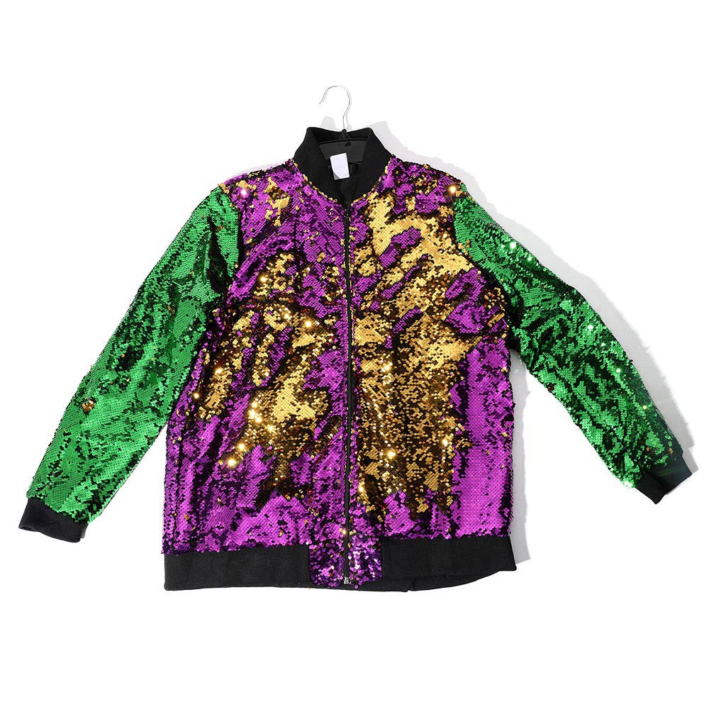 Multi Celebrate in standout style with this Mardi Gras Reversible Sequin Zipper Jacket, designed to bring instant sparkle and festive energy to any outfit. Featuring eye-catching reversible sequins in classic Mardi Gras colors, this jacket lets you switch up your look with a simple swipe, while the full zipper front makes it easy to layer for parades, parties, concerts, or themed events.