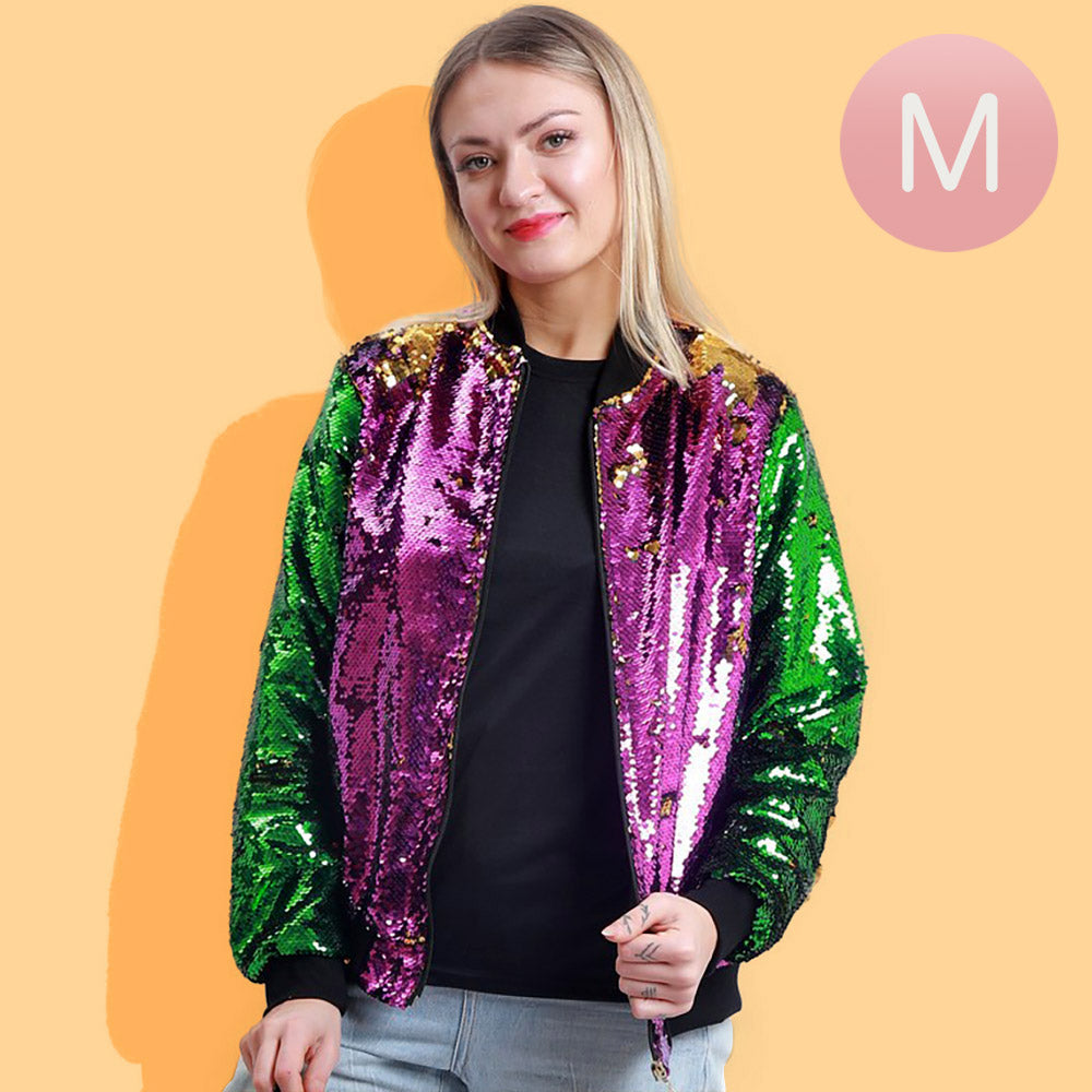 Multi Celebrate in standout style with this Mardi Gras Reversible Sequin Zipper Jacket, designed to bring instant sparkle and festive energy to any outfit. Featuring eye-catching reversible sequins in classic Mardi Gras colors, this jacket lets you switch up your look with a simple swipe, while the full zipper front makes it easy to layer for parades, parties, concerts, or themed events.