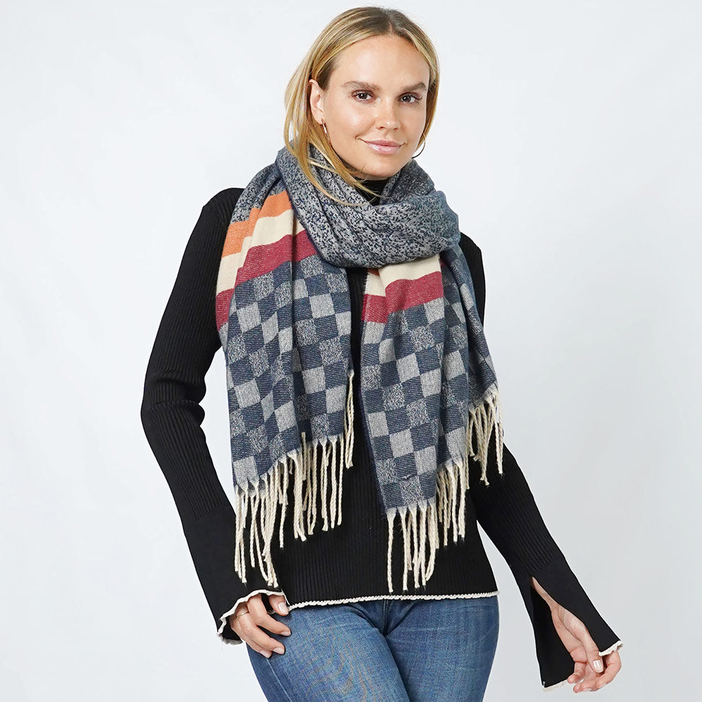 Madeline Love Navy Check Oblong Scarf/Shawl - Jewelry