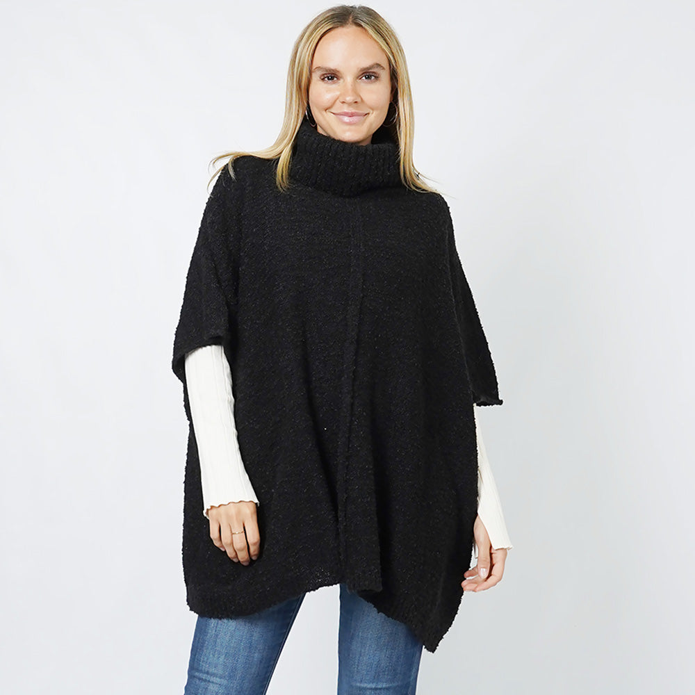 Black Slub Knit Turtle Neck Pullover