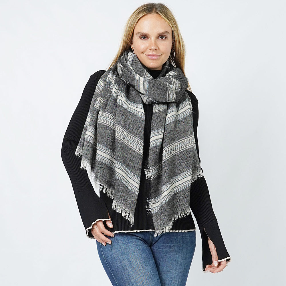 Madeline Love Black Stripe Woven Oblong Scarf/Shawl - Jewelry