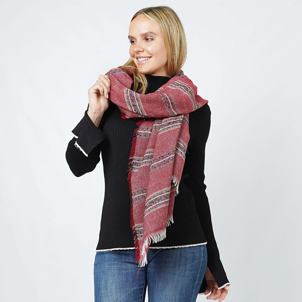Madeline Love Burgundy Stripe Woven Oblong Scarf/Shawl - Jewelry