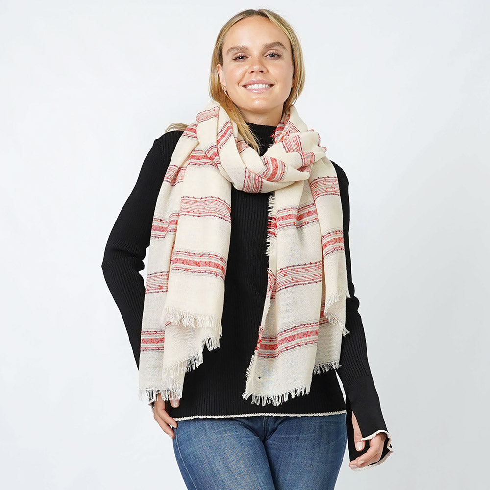Madeline Love Ivory Stripe Woven Oblong Scarf/Shawl - Jewelry