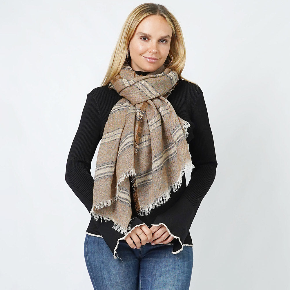 Madeline Love Taupe Stripe Woven Oblong Scarf/Shawl - Jewelry