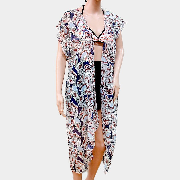 Madeline Love Navy Leaf pattern short sleeve long cardigan - Jewelry