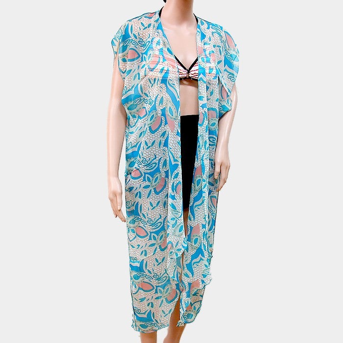 Madeline Love Turquoise Leaf pattern short sleeve long cardigan - Jewelry