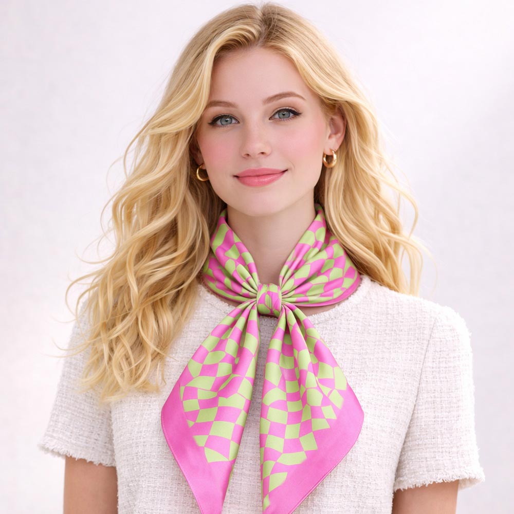 Madeline Love Pink&Green Abstract Wavy Square Print Square Bandana Scarf - Scarves & Wraps