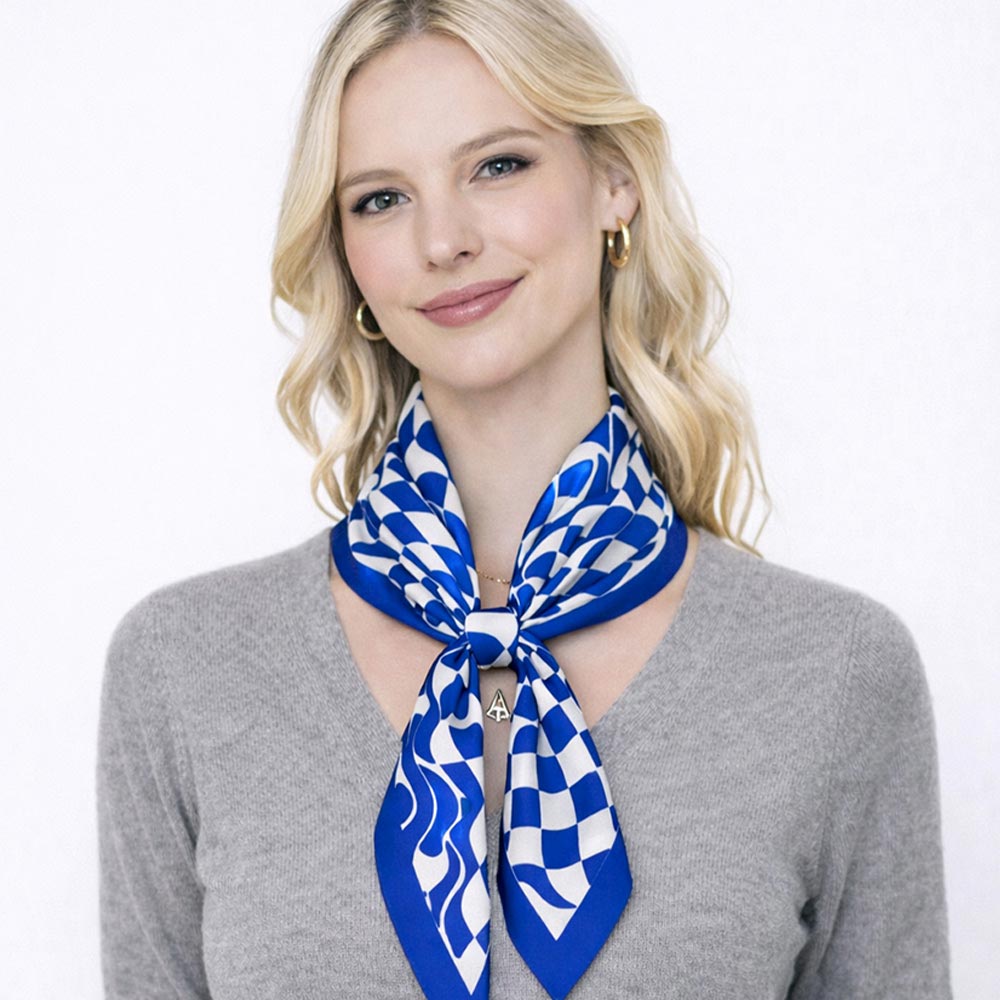 Madeline Love Royal Blue Abstract Wavy Square Print Square Bandana Scarf - Scarves & Wraps - desc