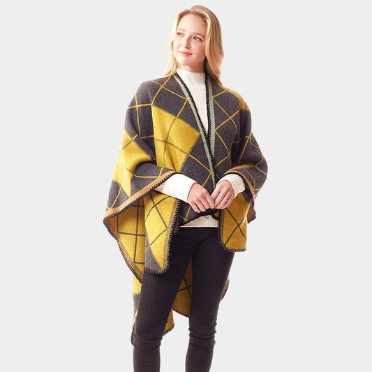 Mustard Plaid Check Patterned Stitch Ruana Poncho