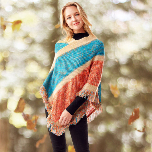 Coral Colorful Vertical Stripe Patterned Poncho