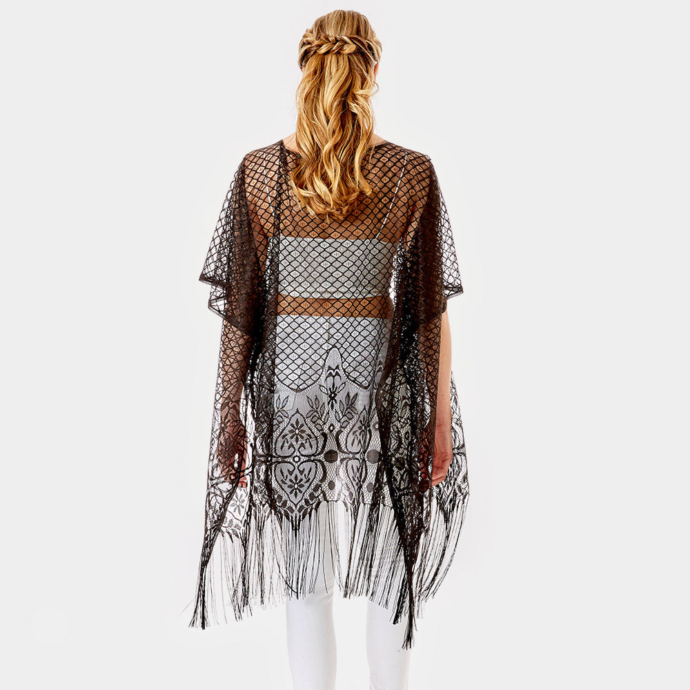 Heart Pattern Detailed Crochet Lace Cover Up Poncho