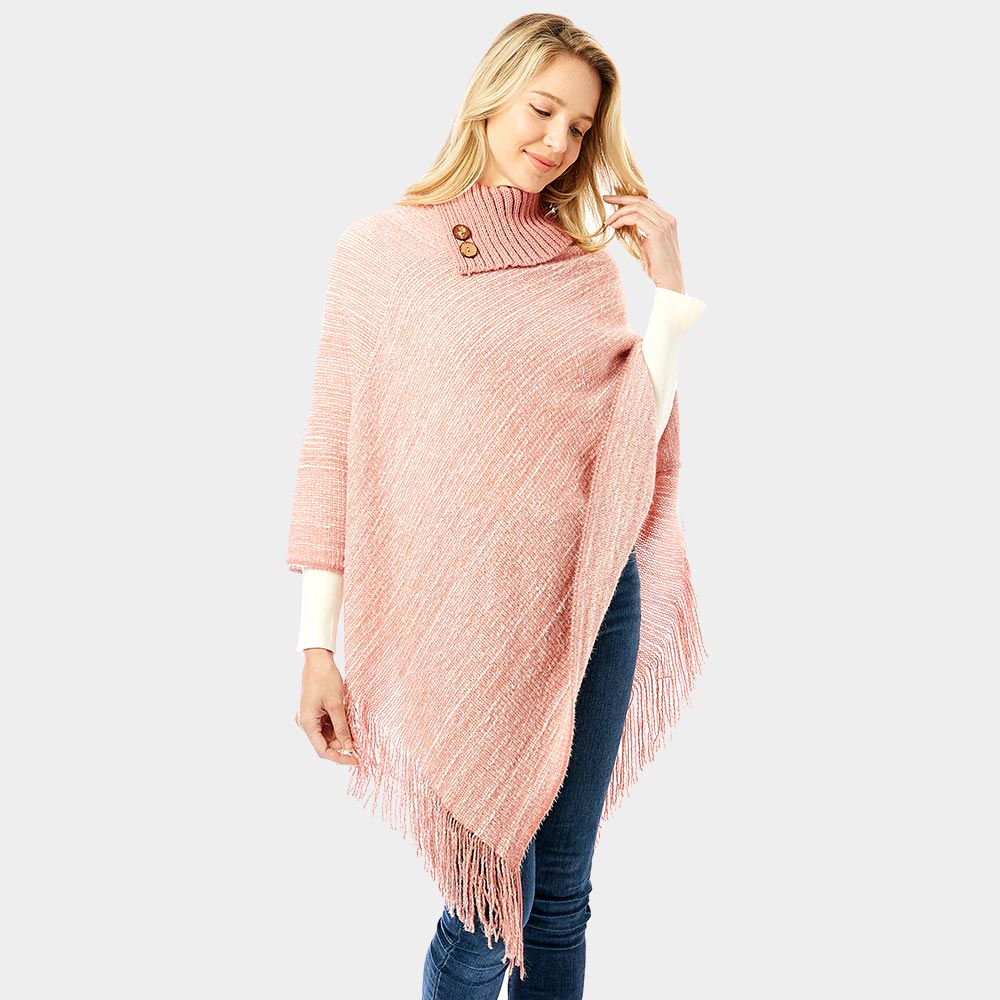 Pink Button Collar Pointed Knitted Foldover Neck Poncho