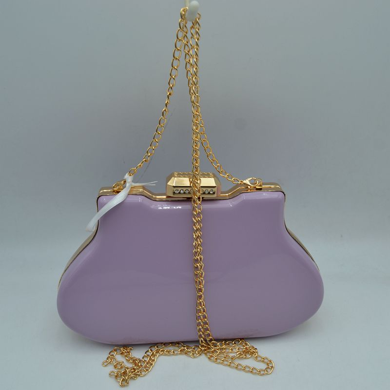 Glossy Hard Shell Clutch with Rhinestone Clasp and Chain Strap - Lavender - Clutch Bags