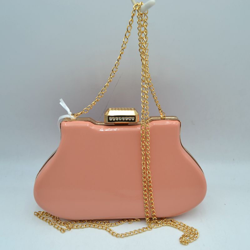 Glossy Hard Shell Clutch with Rhinestone Clasp and Chain Strap - Pink - Clutch Bags