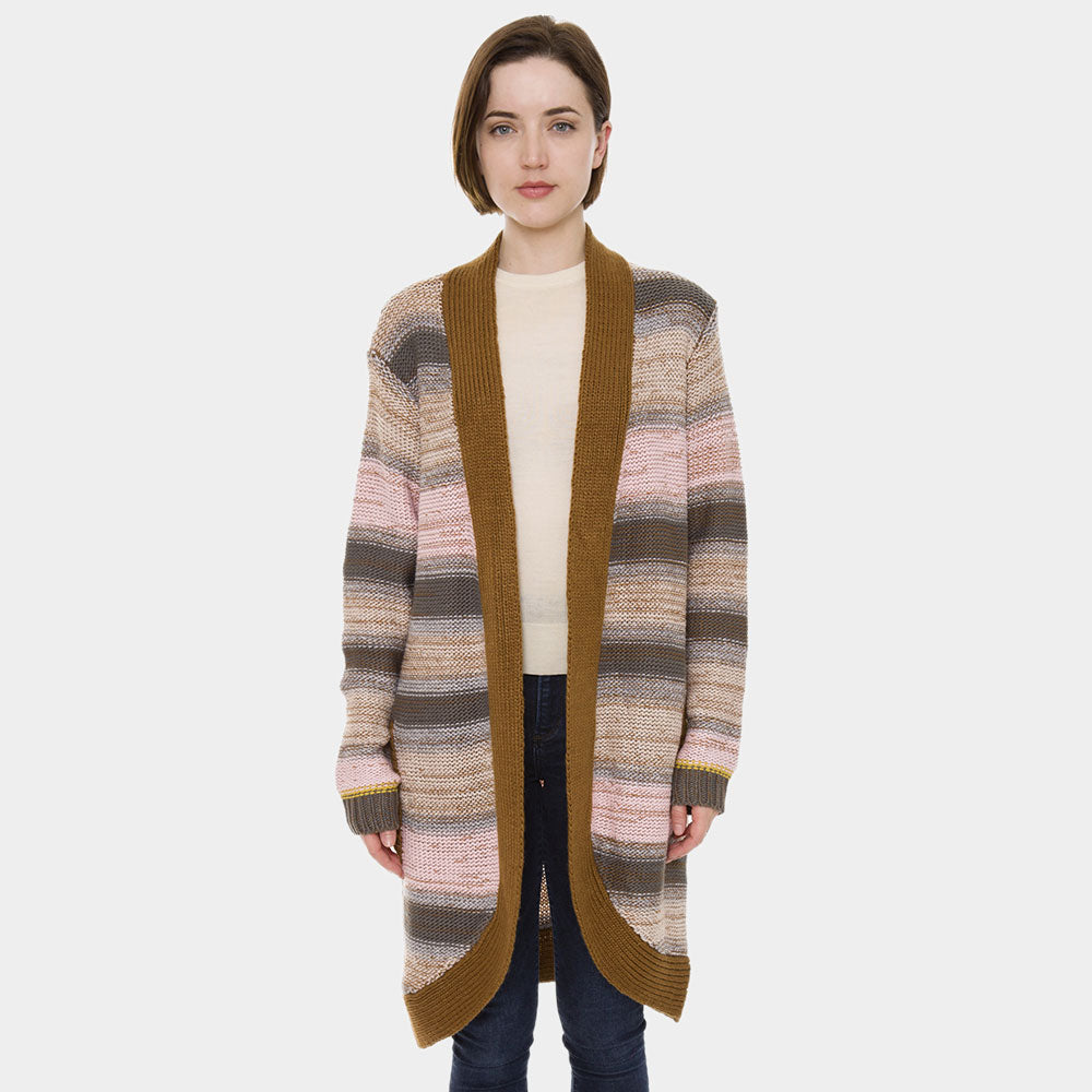 Khaki, Multi Stripe Pockets Long Sleeve Cardigan