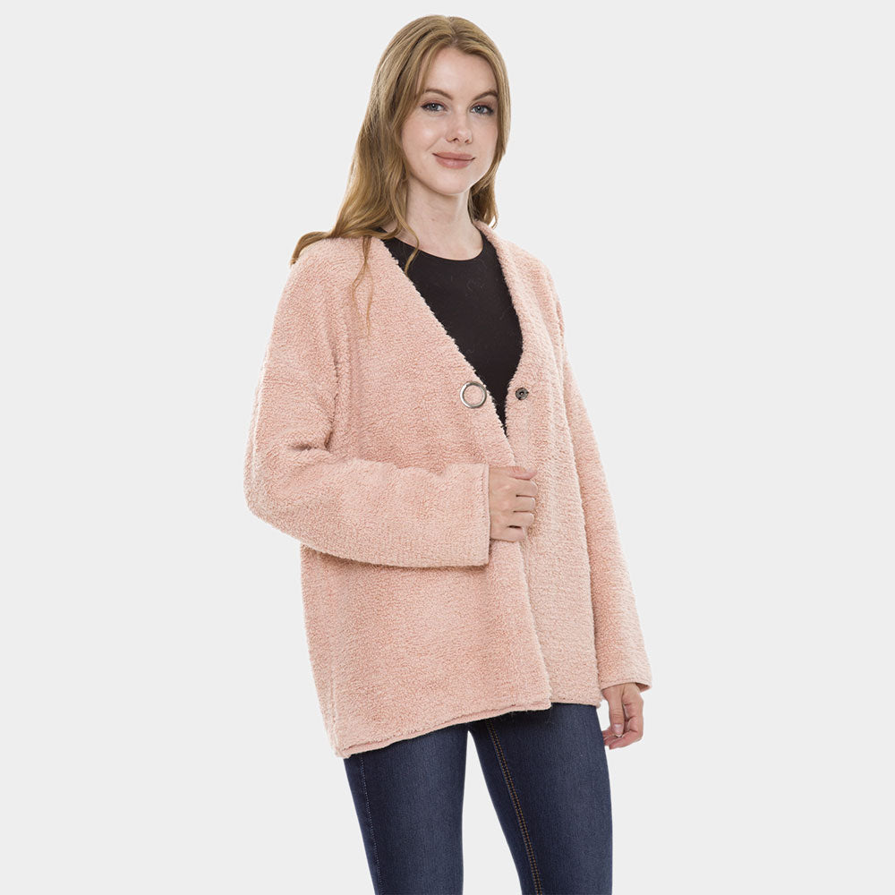 Pink Chunky Solid Color Pockets Sweater Cardigan