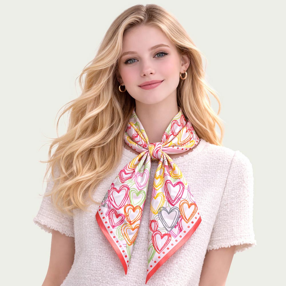 Madeline Love Orange Colorful Heart Pattern Print Square Bandana Scarf - Scarves & Wraps