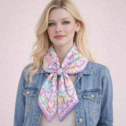 Madeline Love Purple Colorful Heart Pattern Print Square Bandana Scarf - Scarves & Wraps