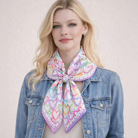Madeline Love Purple Colorful Heart Pattern Print Square Bandana Scarf - Scarves & Wraps