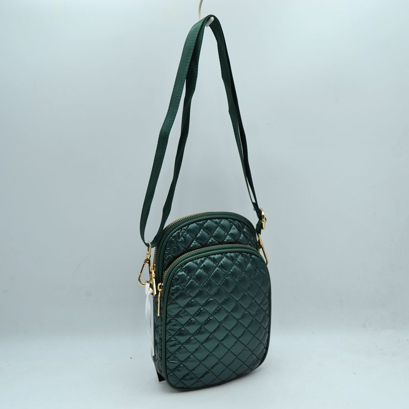 Quilted Puffer Crossbody Bag Multi-Zip Shoulder Bag with Adjustable Strap - Dark Green - Crossbody Bags