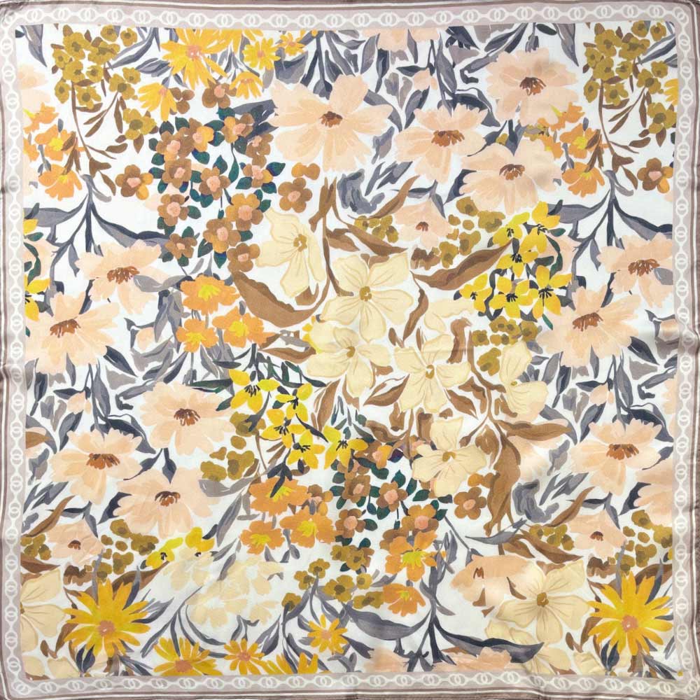 Madeline Love Beige Vintage Botanical Floral Print Square Bandana Scarf - Scarves & Wraps