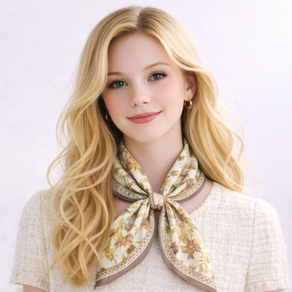 Madeline Love Beige Vintage Botanical Floral Print Square Bandana Scarf - Scarves & Wraps - desc