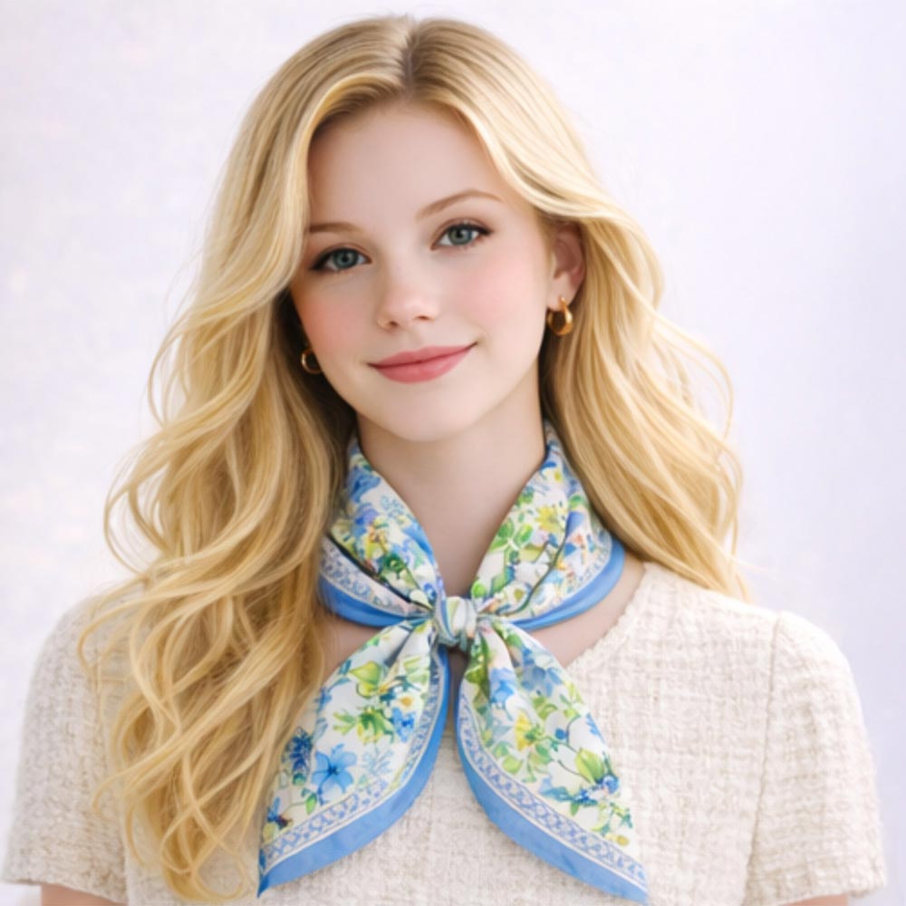 Madeline Love Blue Vintage Botanical Floral Print Square Bandana Scarf - Scarves & Wraps