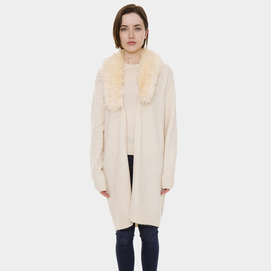 Beige Faux Fur Collar Solid Color Cardigan 