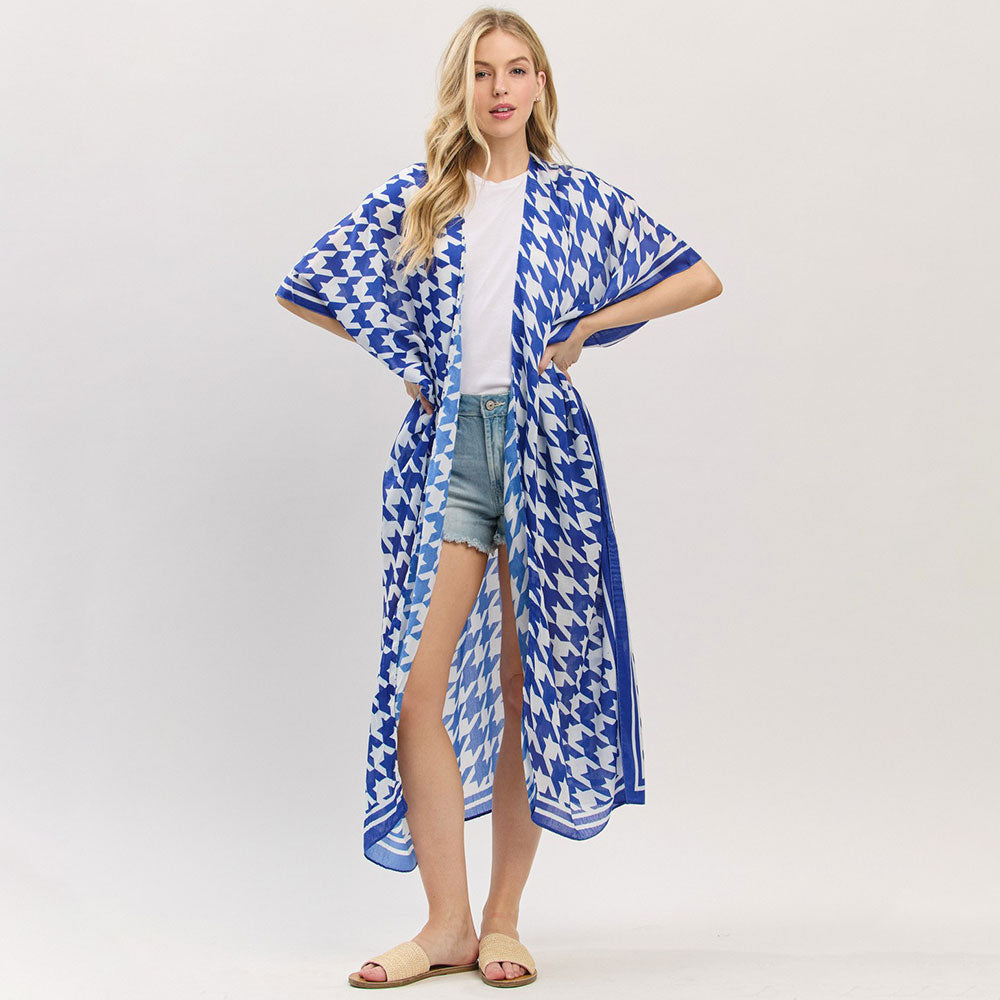 Madeline Love Blue, White Houndstooth Print Open Front Long Kimono Poncho - Jewelry